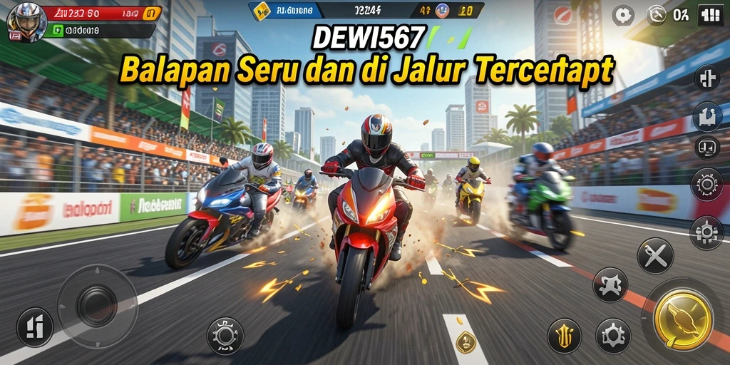 Tampilan gameplay seru di DEWI567 dengan mobil balap di lintasan.