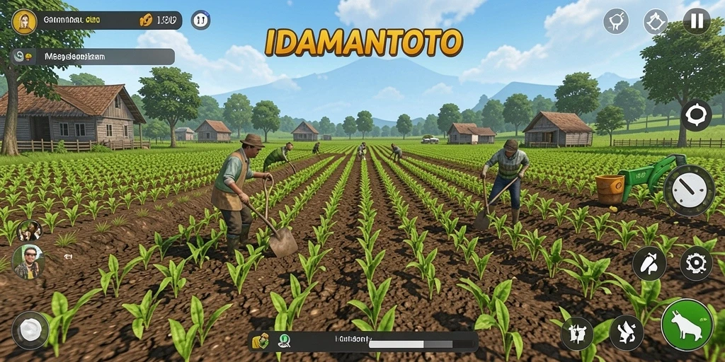 Tampilan gameplay menarik dengan lahan pertanian yang subur dan tanaman yang cantik.