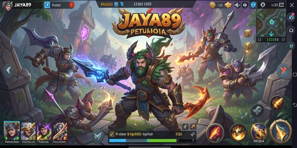 Tampilan layar utama JAYA89 dengan aksi pertarungan karakter MOBA.