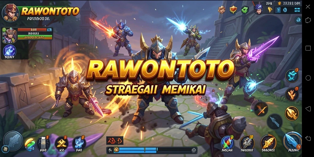 Tampilan gameplay <strong>RAWONTOTO</strong> dengan pertempuran strategis dan pembangunan kerajaan.