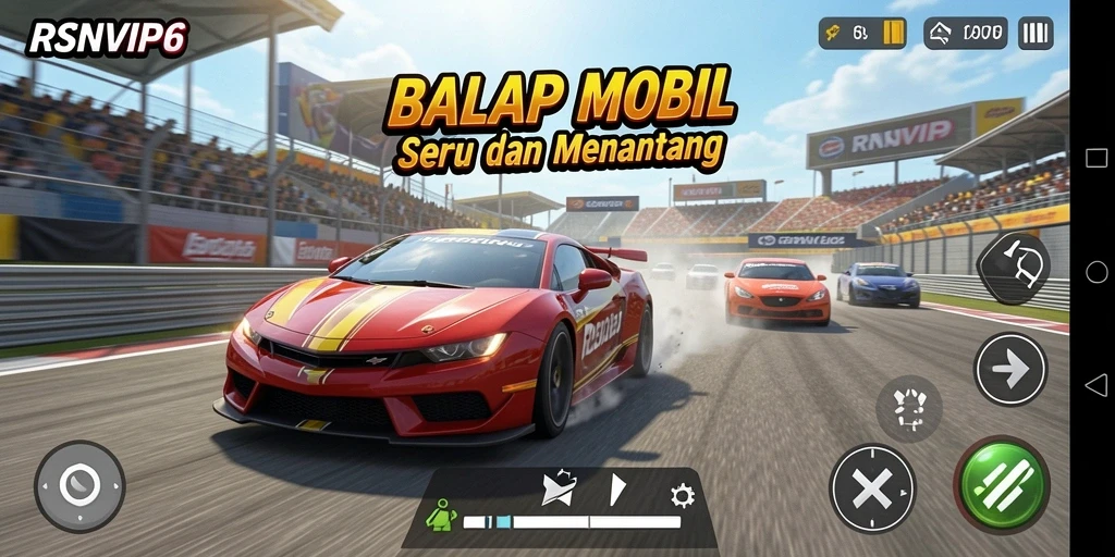 Screenshot dari gameplay menegangkan RSNVIP6 dengan mobil balap yang cepat.