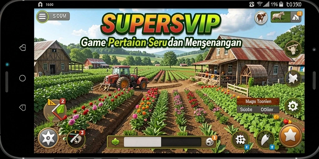 Tampilan gameplay SUPERSVIP yang menampilkan aktifitas pertanian yang seru.