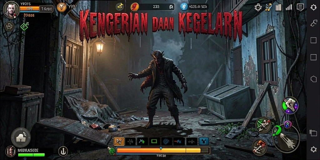 Screenshot gameplay Y89 menunjukkan suasana menyeramkan di tengah kegelapan.