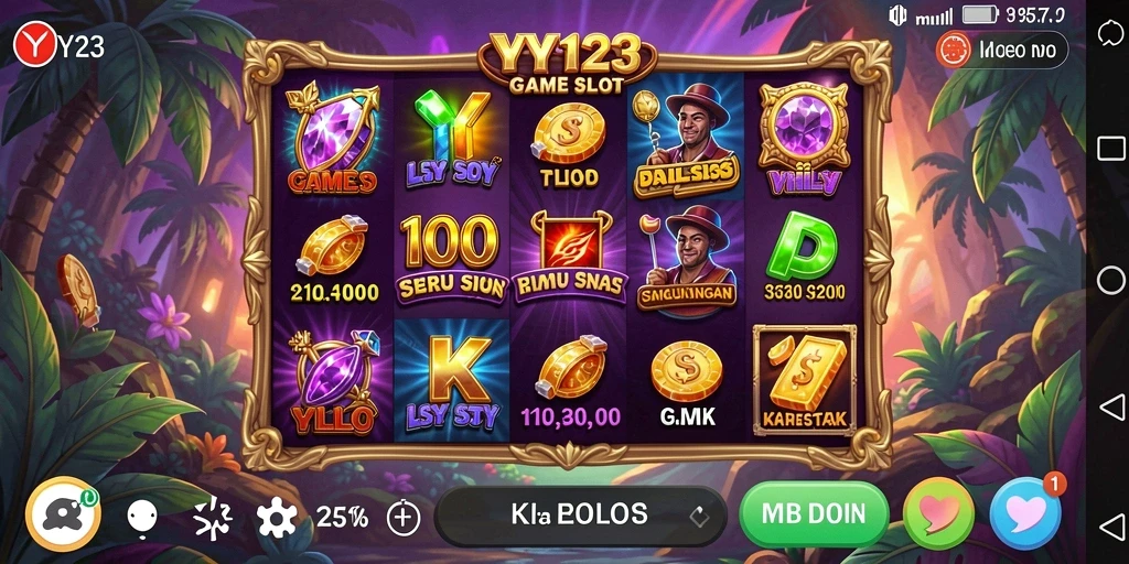 Screenshot YY123 menampilkan gameplay seru dengan simbol slot yang berkilauan.