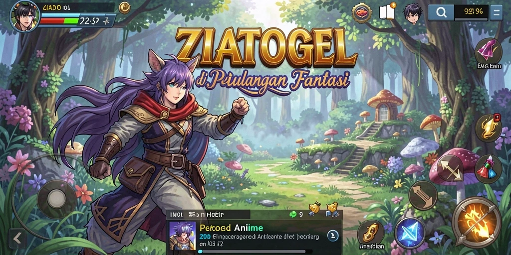 Gameplay ZIATOGEL menampilkan karakter anime yang dinamis dan lingkungan fantasi.
