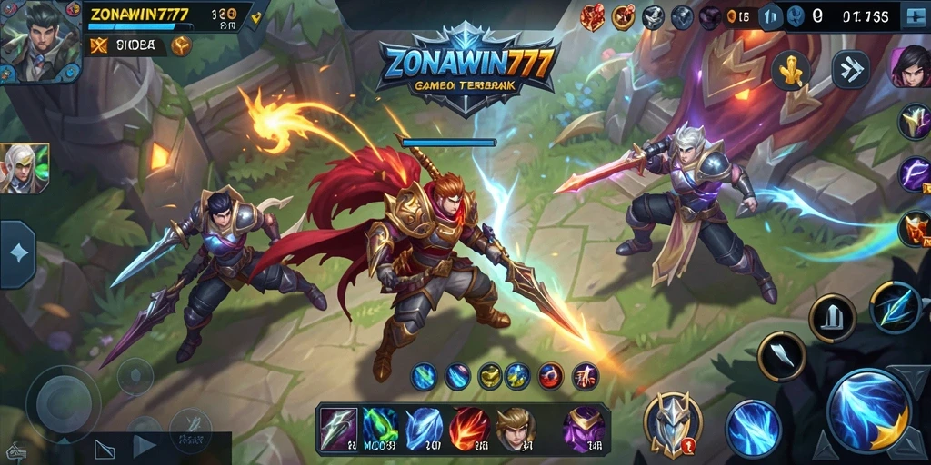 Screenshot gameplay ZONAWIN777 menampilkan aksi pertarungan MOBA yang seru.