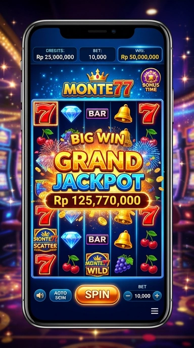 Tampilan aplikasi monte77 dengan berbagai pilihan kategori.